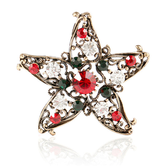 Red and Multicolor Cubic Zirconia and 18K Gold-Plated Star Brooch, gold brooch pin, dainty minimalist design, front view
