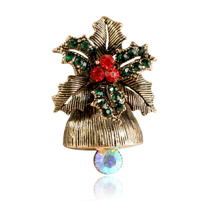 Cubic Zirconia and 18K Gold-Plated Flower Christmas Bell Brooch, gold brooch pin, botanical inspired, front view