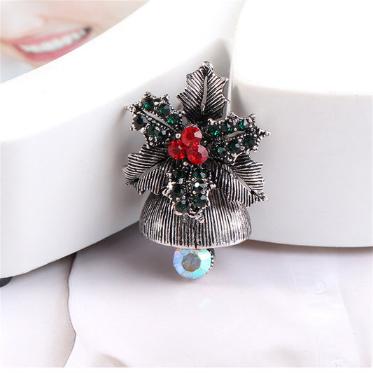Cubic Zirconia and Silver-Plated Flower Christmas Bell Brooch, silver brooch pin, botanical inspired, front view
