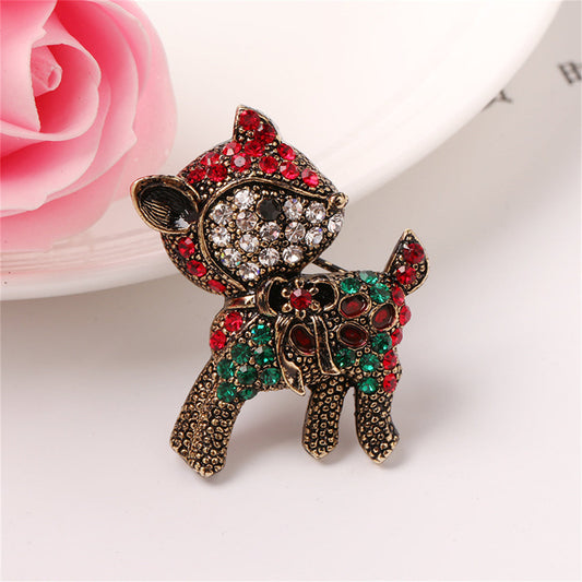Red Cubic Zirconia and 18K Gold-Plated Reindeer Brooch, gold brooch pin, elegant gift for her, front view