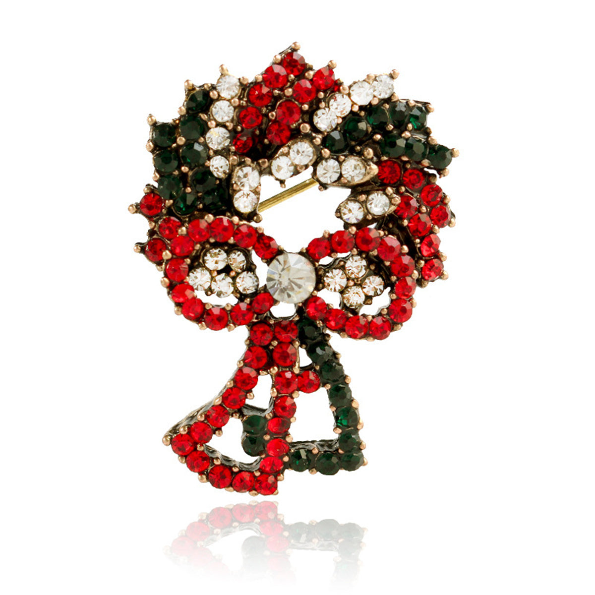 Red Cubic Zirconia and 18K Gold-Plated Christmas Wreath Brooch, gold brooch pin, dainty minimalist design, front view