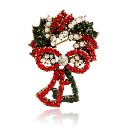 Red Cubic Zirconia and 18K Gold-Plated Christmas Wreath Brooch, gold brooch pin, dainty minimalist design, front view