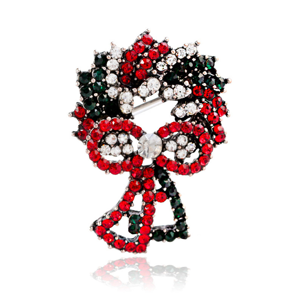 Red Cubic Zirconia and Silver-Plated Christmas Wreath Brooch, silver brooch pin, botanical inspired, detail close-up