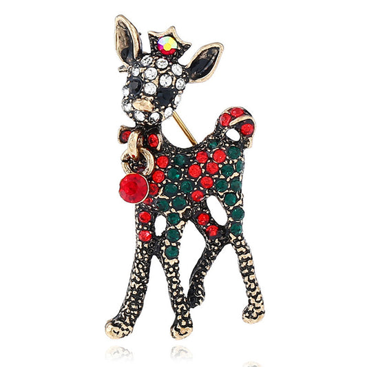 Red and Green Cubic Zirconia 18K Gold-Plated Reindeer Brooch, gold brooch pin, everyday style, front view