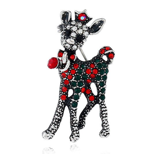 Red and Green Cubic Zirconia Silver-Plated Reindeer Brooch, silver brooch pin, botanical inspired, front view