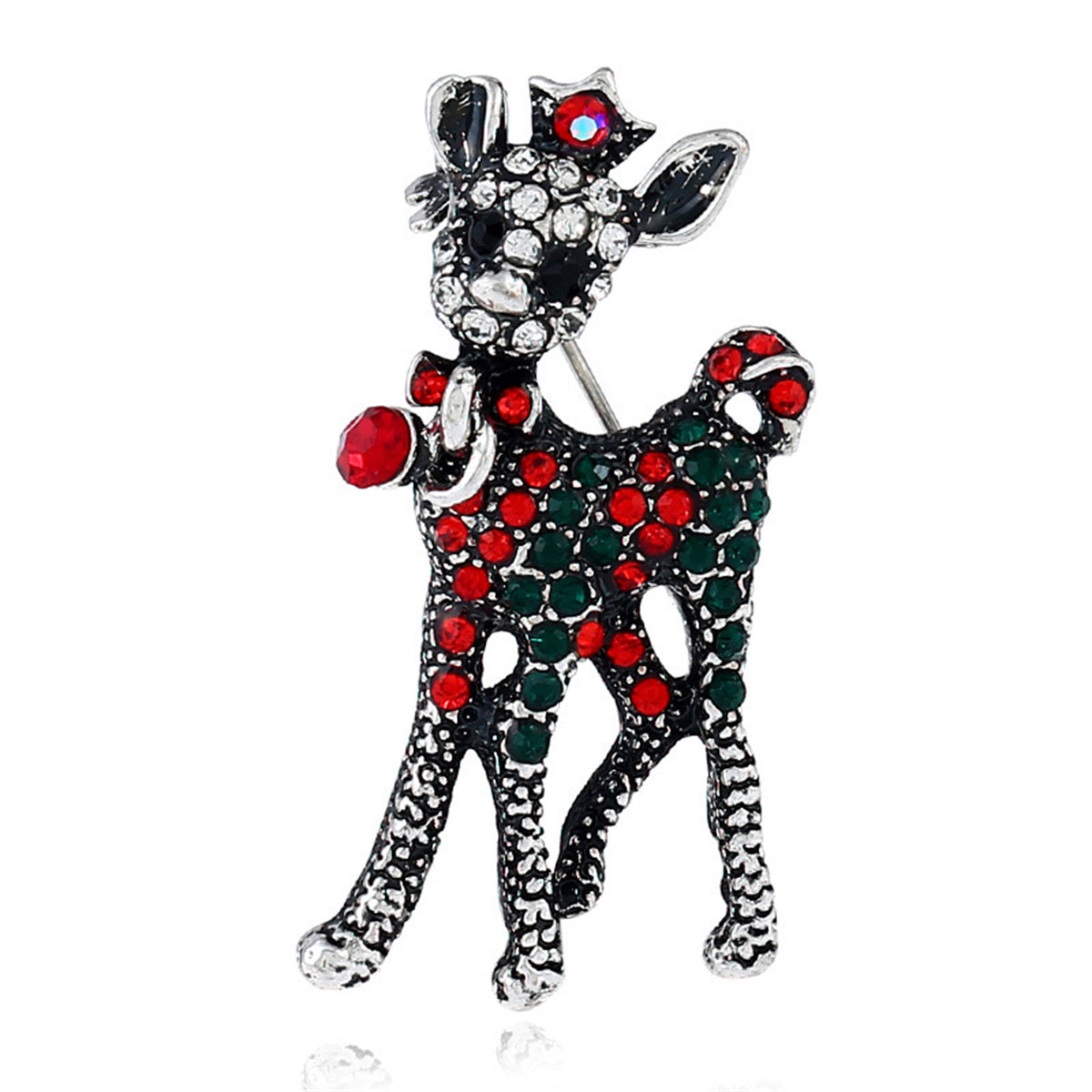 Red & Green Cubic Zirconia Silver-Plated Reindeer Brooch