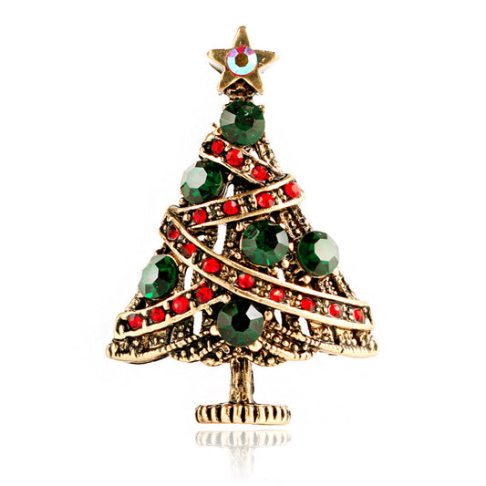 Green Cubic Zirconia and 18K Gold-Plated Christmas Tree Brooch, gold brooch pin, vintage-inspired design, front view