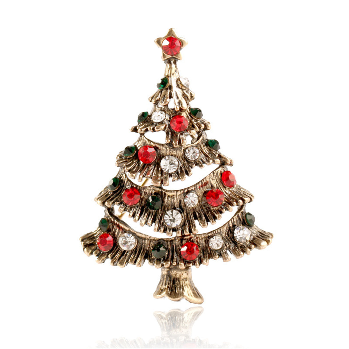 Red Cubic Zirconia and 18K Gold-Plated Christmas Tree Brooch, gold brooch pin, vintage-inspired design, front view