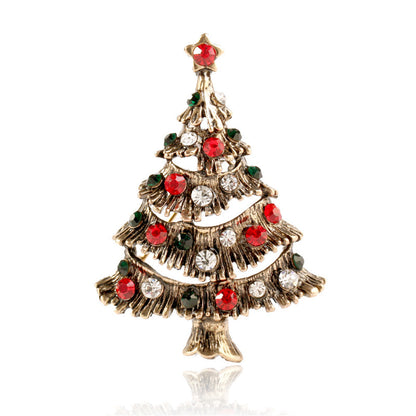 Red Cubic Zirconia and 18K Gold-Plated Christmas Tree Brooch, gold brooch pin, vintage-inspired design, front view