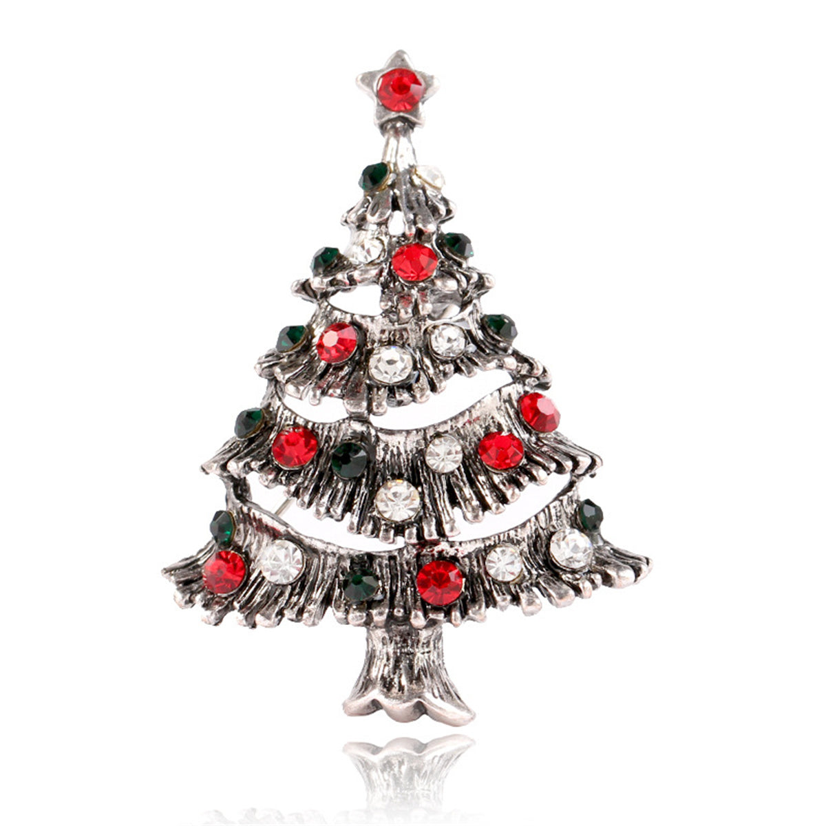 Red and Black Cubic Zirconia Openwork Christmas Tree Brooch, brooch pin, everyday style, side view
