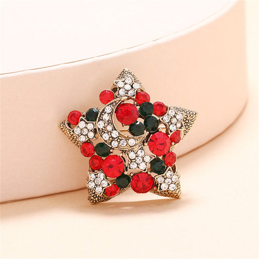 Red Cubic Zirconia and 18K Gold-Plated Moon Star Brooch, gold brooch pin, dainty minimalist design, front view