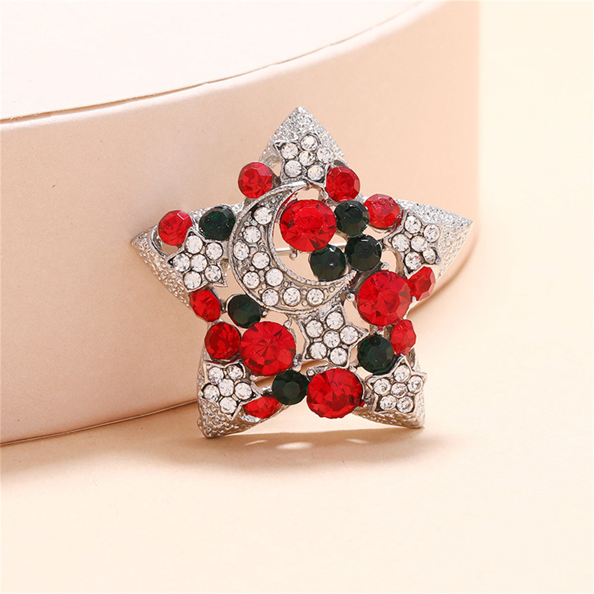 Red Cubic Zirconia and Silver-Plated Moon Star Brooch, silver brooch pin, botanical inspired, side view