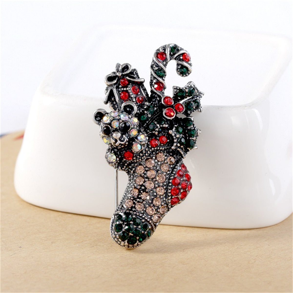 Red Cubic Zirconia and Silver-Plated Christmas Gift Box Stocking Brooch, silver brooch pin, side view