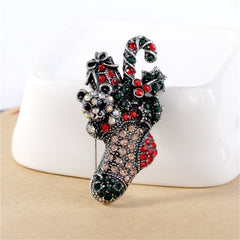 Red Cubic Zirconia & Silver-Plated Christmas Gift Box Stocking Brooch