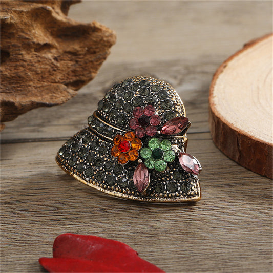 Gray Cubic Zirconia and 18K Gold-Plated Flower Hat Brooch, gold brooch pin, elegant gift for her, front view
