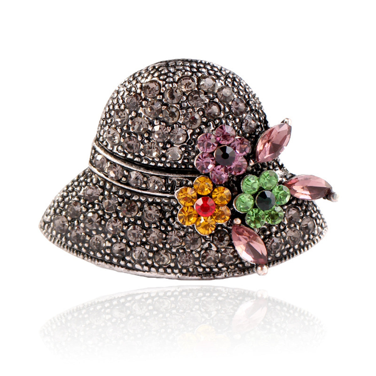 Brown Cubic Zirconia & Crystal Silver-Plated Flower Hat Brooch
