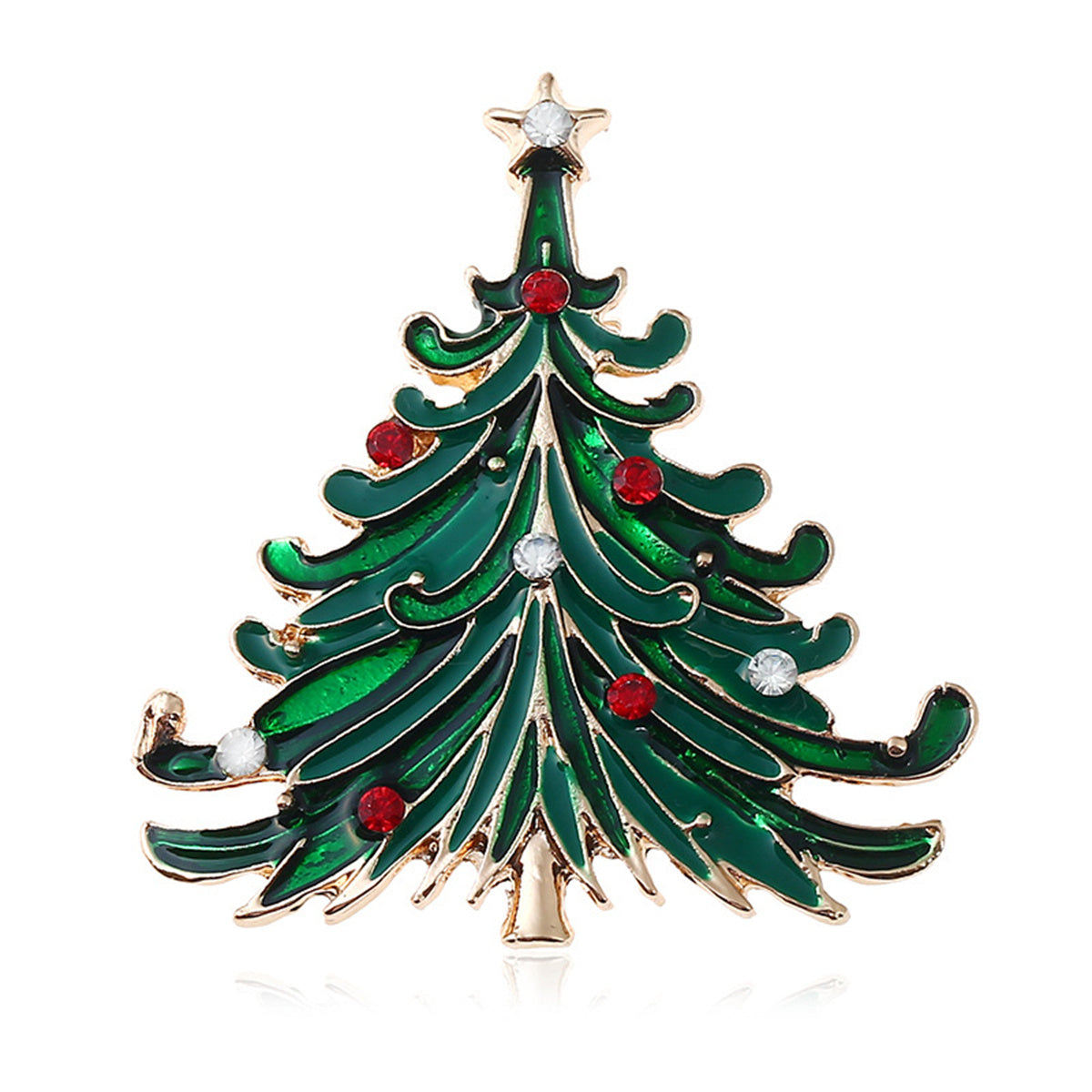 Green Enamel and Cubic Zirconia 18K Gold-Plated Curved Christmas Tree Brooch, gold brooch pin, front view