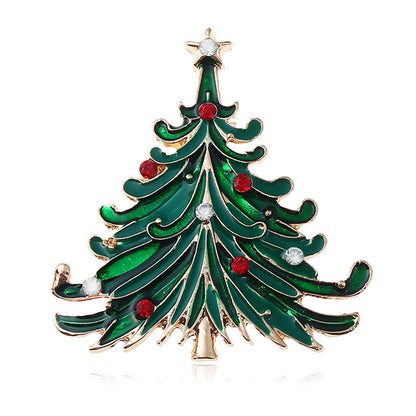 Green Enamel and Cubic Zirconia 18K Gold-Plated Curved Christmas Tree Brooch, gold brooch pin, front view