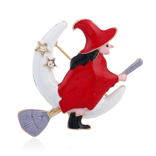 Cubic Zirconia and Enamel 18K Gold-Plated Flying Witch Brooch, gold brooch pin, botanical inspired, front view