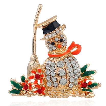 Orange Enamel and Cubic Zirconia Broom Snowman Brooch, brooch pin, vintage-inspired design, side view