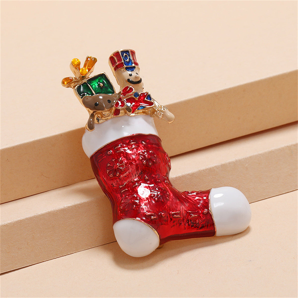 Red Enamel and 18K Gold-Plated Christmas Stocking Brooch, gold brooch pin, dainty minimalist design, side view