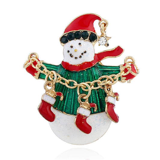 Cubic Zirconia and Enamel 18K Gold-Plated Snowman Stocking Brooch, gold brooch pin, dainty minimalist design, front view