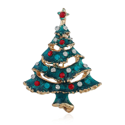 Green Cubic Zirconia and Enamel 18K Gold-Plated Christmas Tree Brooch, gold brooch pin, elegant gift for her, front view