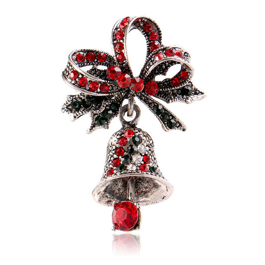 Red Cubic Zirconia and Silver-Plated Christmas Bow Bell Brooch, silver brooch pin, elegant gift for her, front view