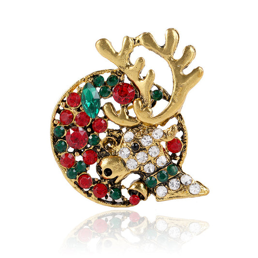 Green Crystal and Cubic Zirconia 18K Gold-Plated Reindeer Brooch, gold brooch pin, everyday style, front view