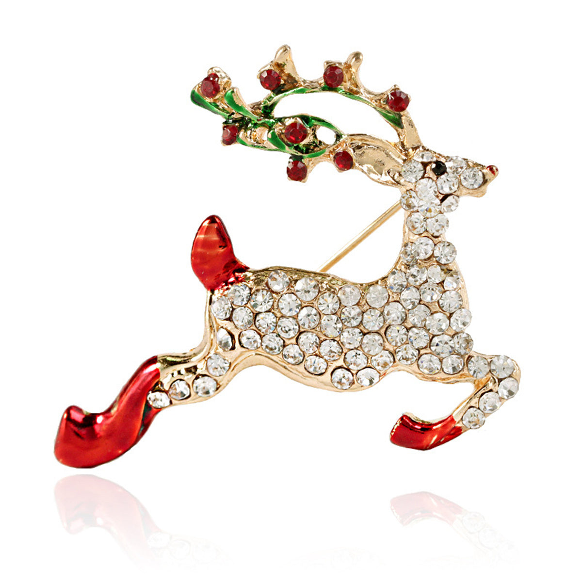 Colored Enamel and Cubic Zirconia 18K Gold-Plated Reindeer Brooch, gold brooch pin, everyday style, side view