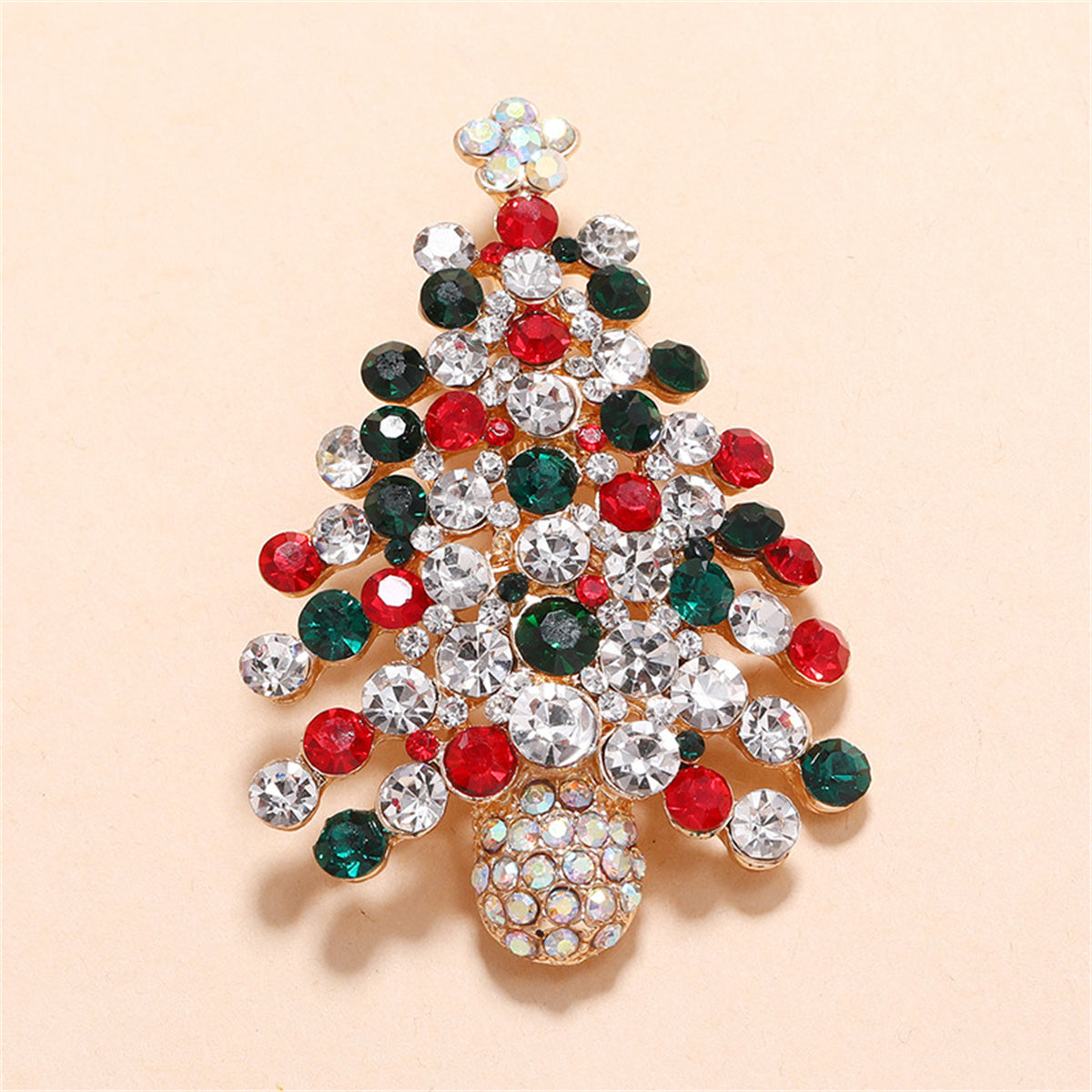 Red and White Cubic Zirconia Christmas Tree Brooch, brooch pin, botanical inspired, front view