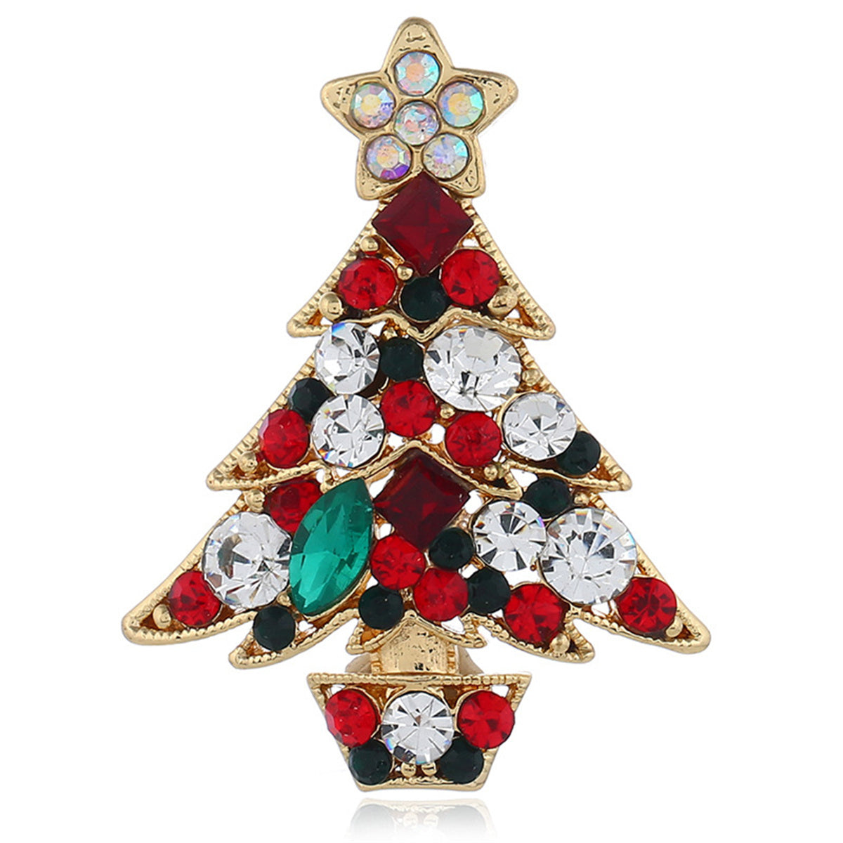 Red & Green Cubic Zirconia 18K Gold-Plated Christmas Tree Brooch