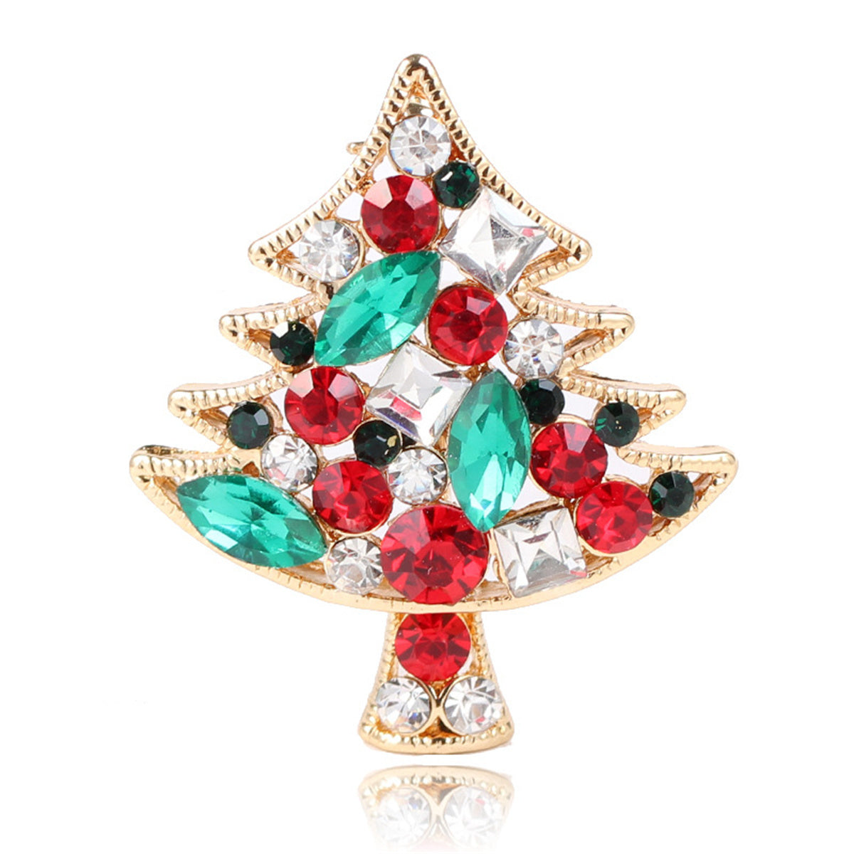 Colored Cubic Zirconia and Crystal Christmas Tree Brooch, brooch pin, dainty minimalist design, front view