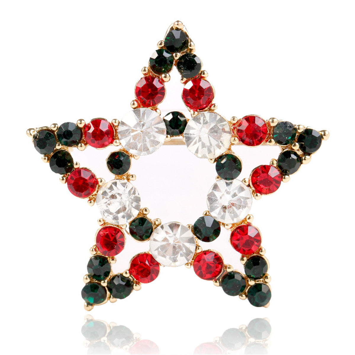 Red Cubic Zirconia and 18K Gold-Plated Openwork Star Brooch, gold brooch pin, vintage-inspired design, front view