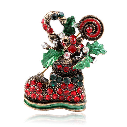 Red Cubic Zirconia and Enamel 18K Gold-Plated Christmas Boots Brooch, gold brooch pin, everyday style, front view