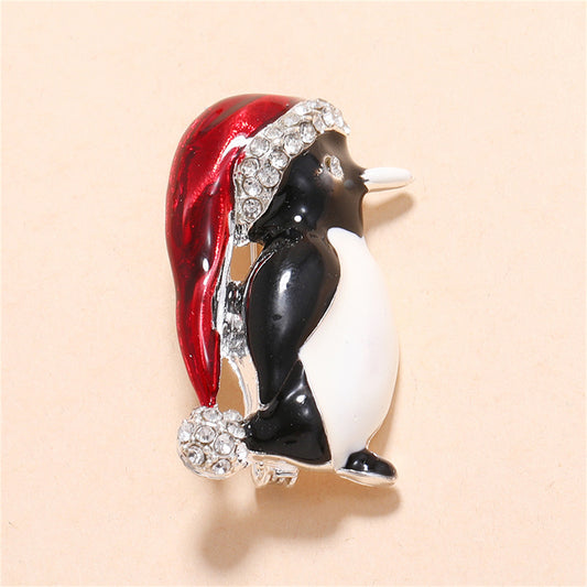 White Cubic Zirconia and Red Enamel Santa Penguin Brooch, brooch pin, vintage-inspired design, front view