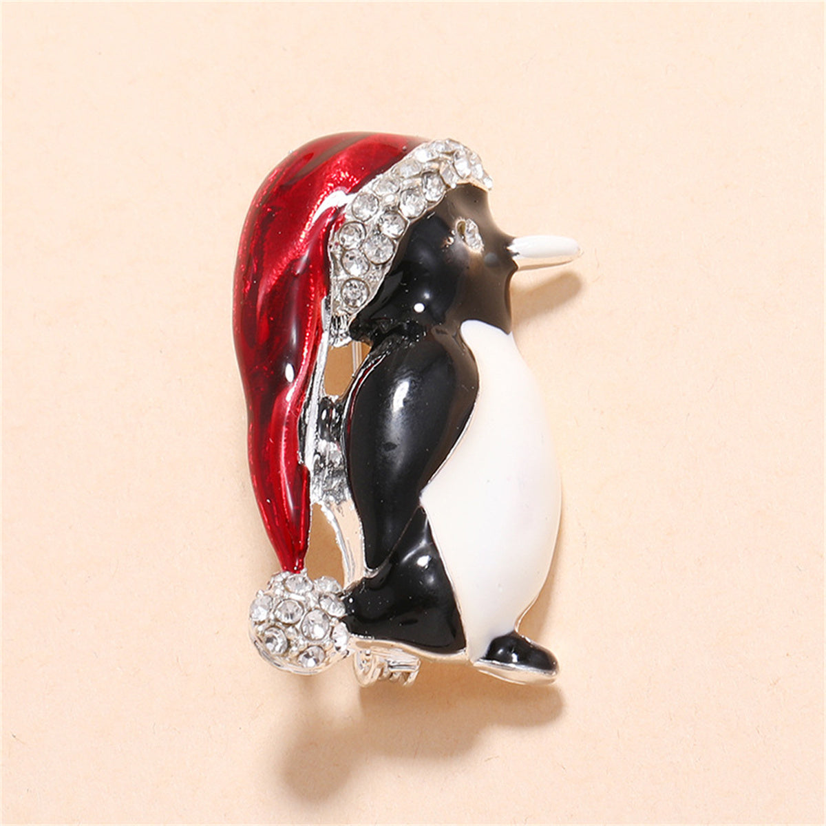 White Cubic Zirconia & Red Enamel Santa Penguin Brooch