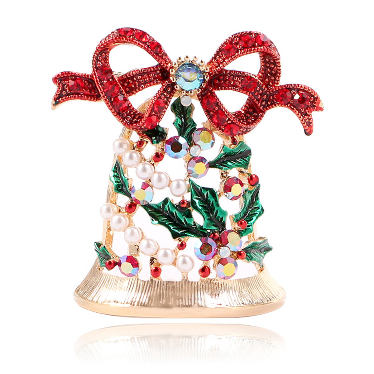 Pearl and Cubic Zirconia 18K Gold-Plated Christmas Bow Bell Brooch, gold brooch pin, botanical inspired, front view