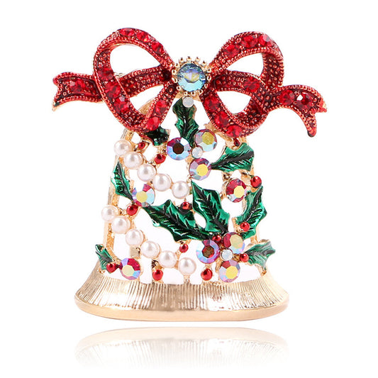 Pearl and Cubic Zirconia 18K Gold-Plated Christmas Bow Bell Brooch, gold brooch pin, botanical inspired, front view