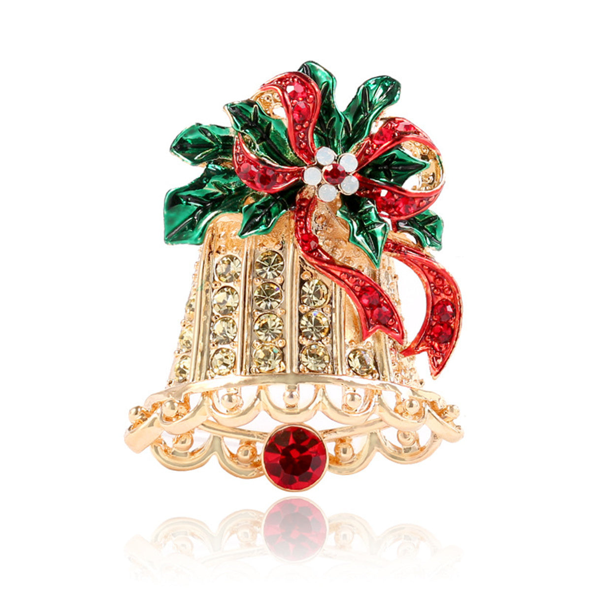 Cubic Zirconia and Enamel 18K Gold-Plated Christmas Bow Bell Brooch, gold brooch pin, elegant gift for her, front view