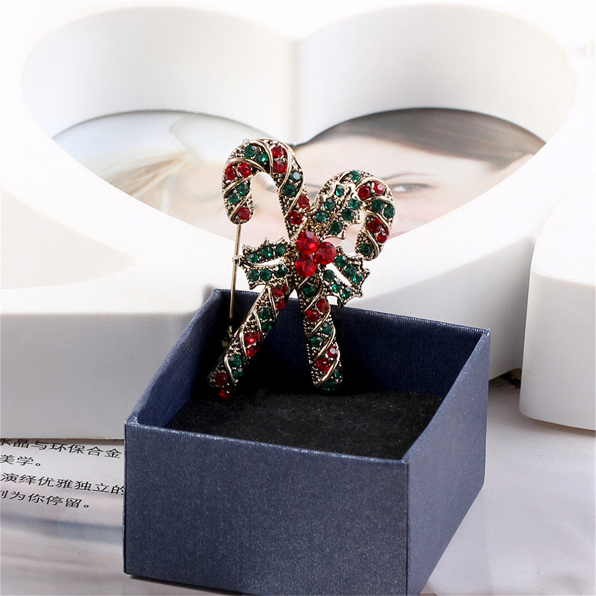 Red Cubic Zirconia & Silver-Plated Christmas Crutch Brooch