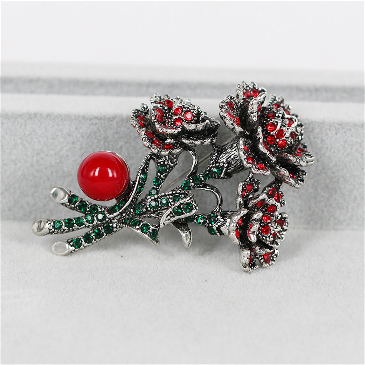 Cubic Zirconia and Red Resin Silver-Plated Flower Brooch, silver brooch pin, dainty minimalist design, front view