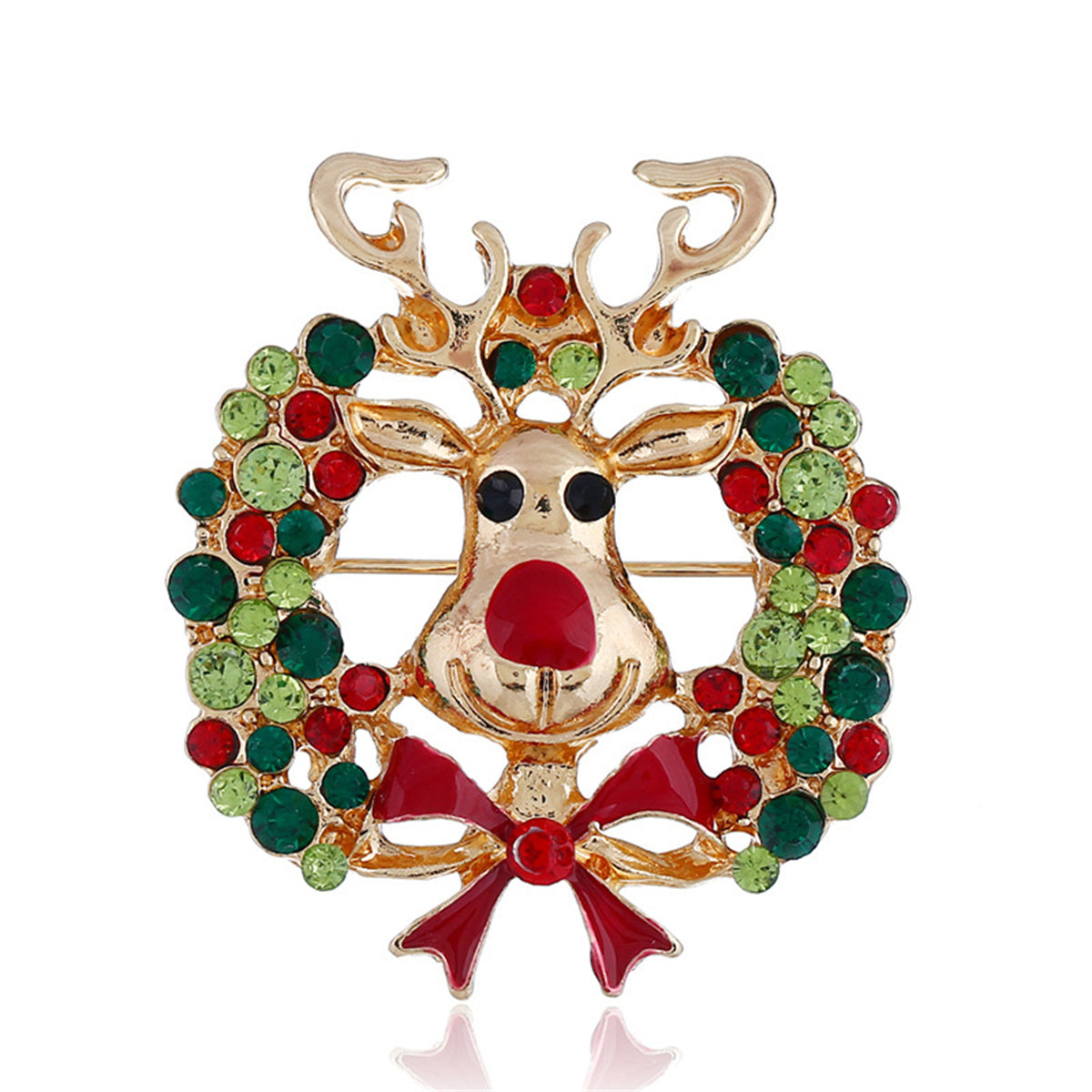 Cubic Zirconia and Enamel 18K Gold-Plated Reindeer Wreath Brooch, gold brooch pin, dainty minimalist design, front view