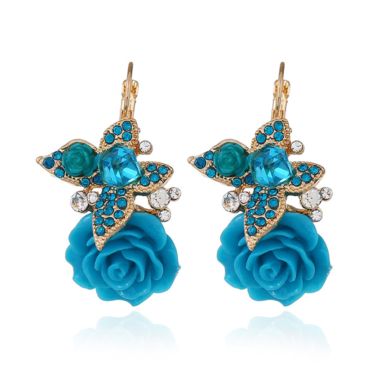 Blue Crystal and Cubic Zirconia Flower Drop Earrings, drop earrings for women, everyday style, front view