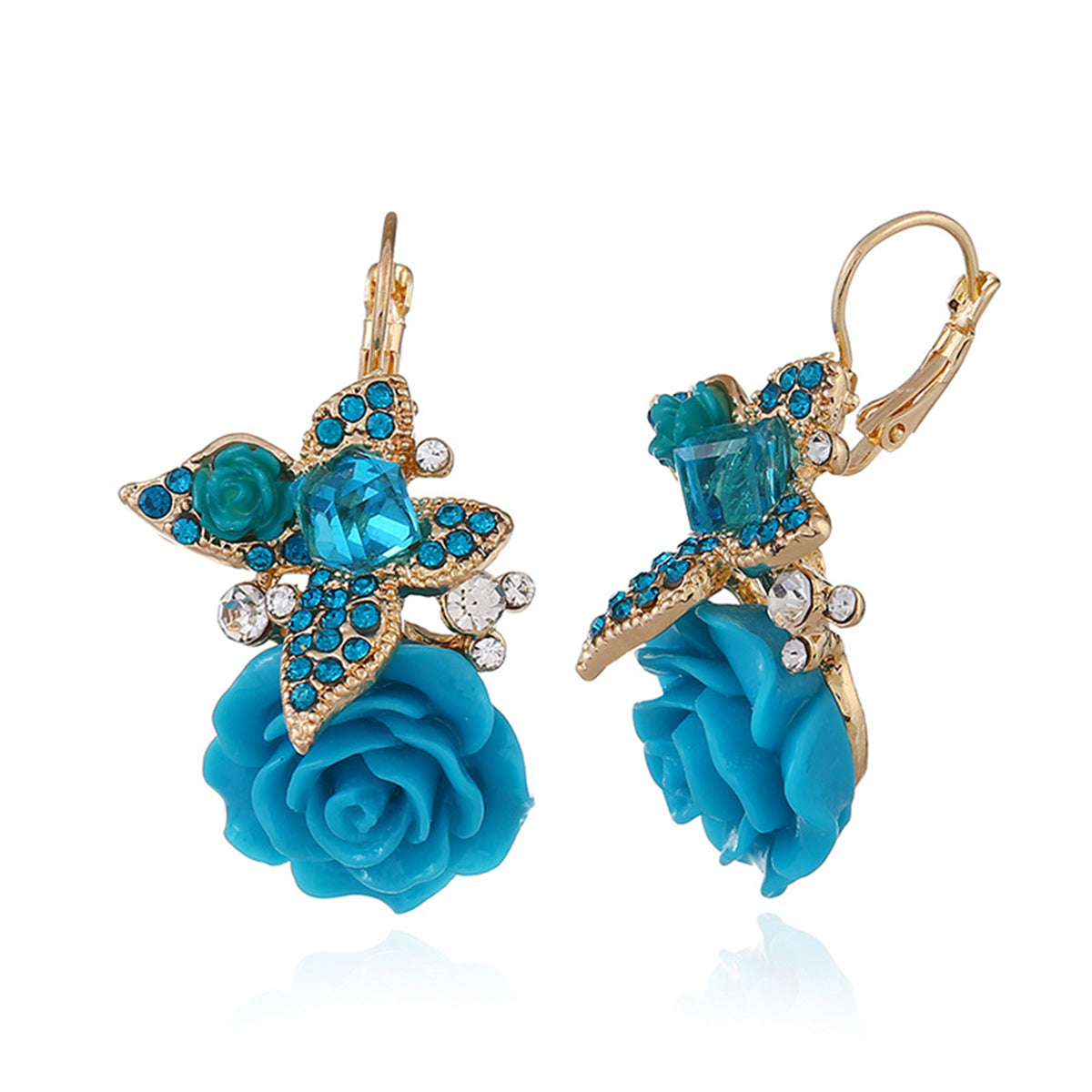 Blue Crystal and Cubic Zirconia Flower Drop Earrings, drop earrings for women, everyday style, side view