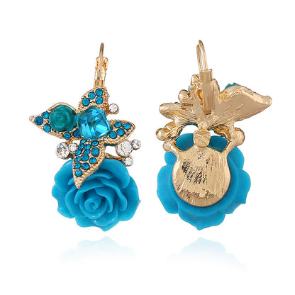 Blue Crystal and Cubic Zirconia Flower Drop Earrings, drop earrings for women, everyday style, detail close-up