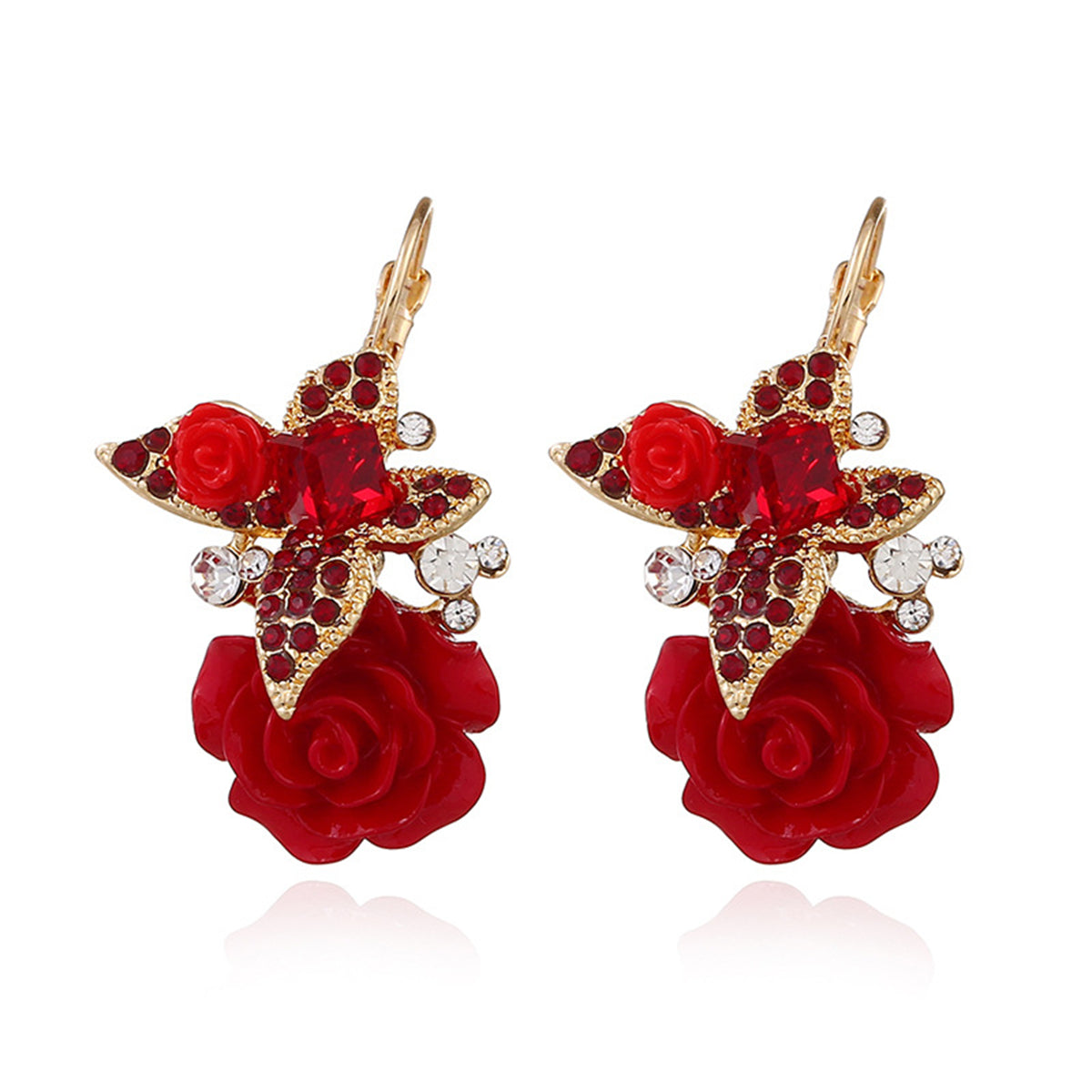 Red Crystal and Cubic Zirconia Flower Drop Earrings, drop earrings for women, elegant gift for her, front view