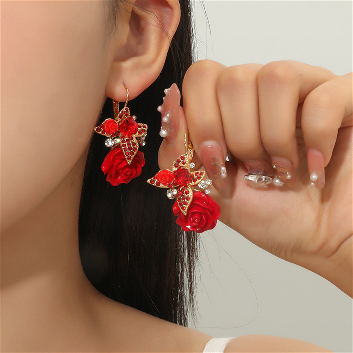 Red Crystal and Cubic Zirconia Flower Drop Earrings, drop earrings for women, elegant gift for her, styled look