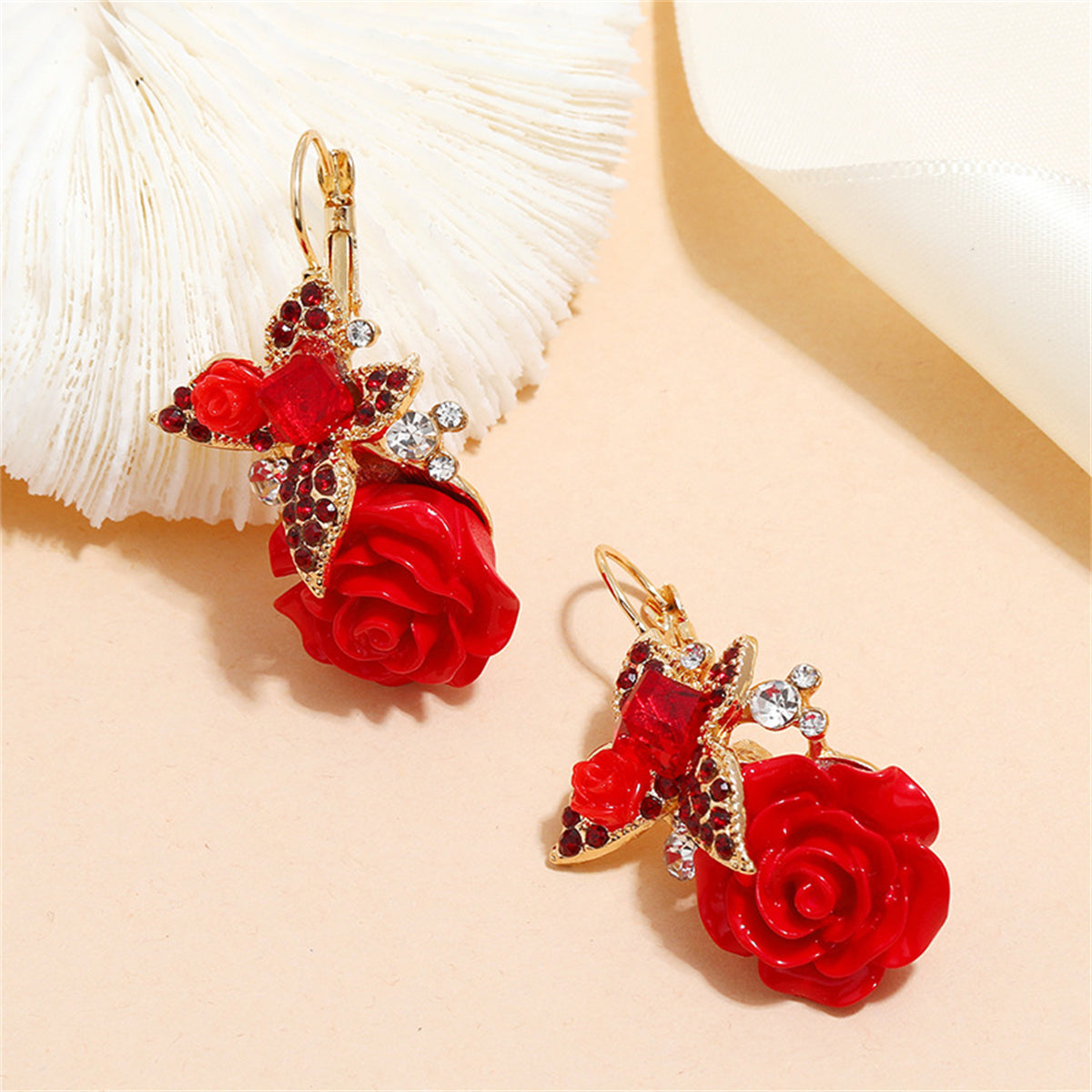 Red Crystal and Cubic Zirconia Flower Drop Earrings, drop earrings for women, elegant gift for her, lifestyle look