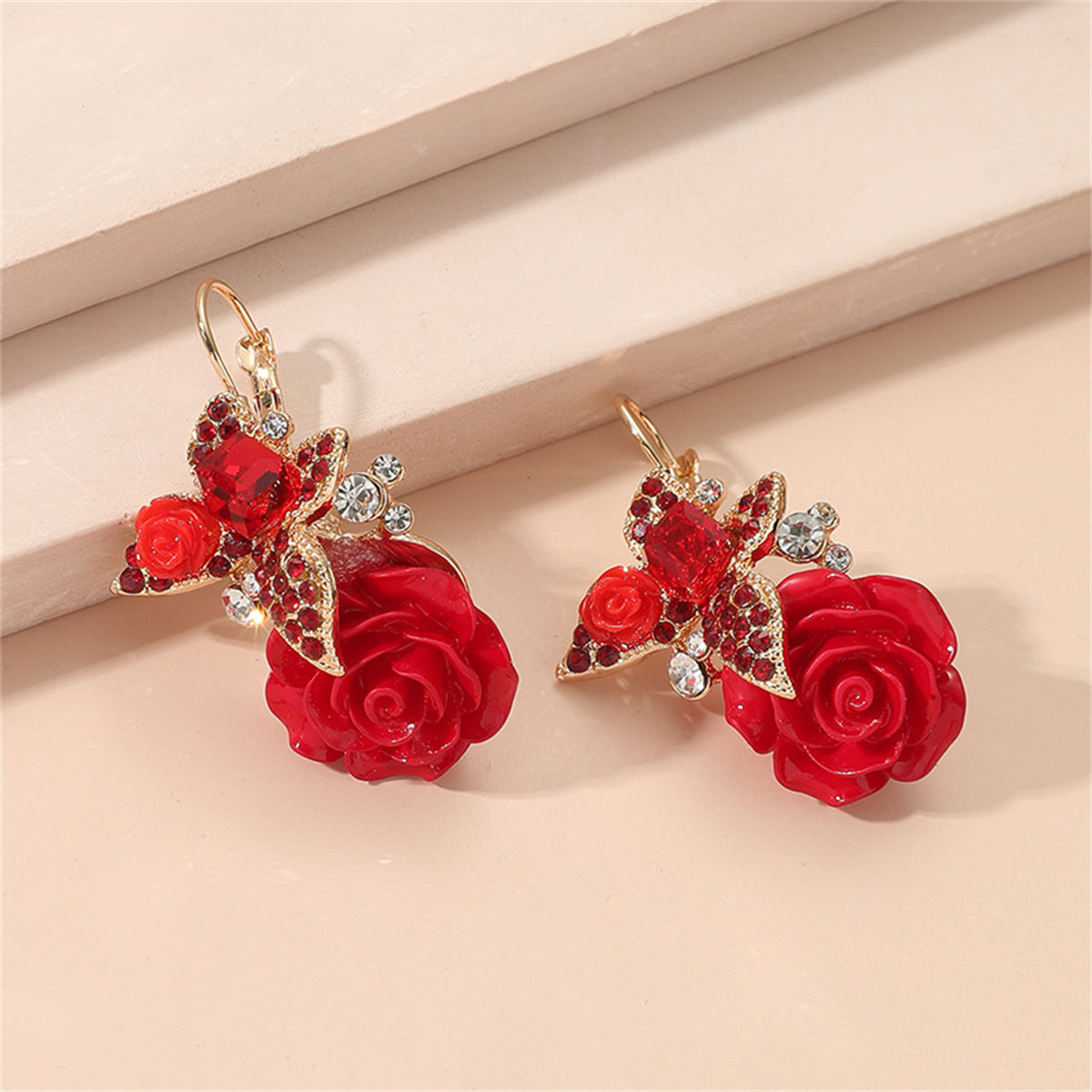 Red Crystal and Cubic Zirconia Flower Drop Earrings, drop earrings for women, elegant gift for her, side view